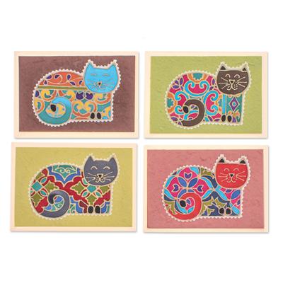 Merry Kittens,'Batik Cotton and Paper Cat Greeting Cards (Set of 4)'