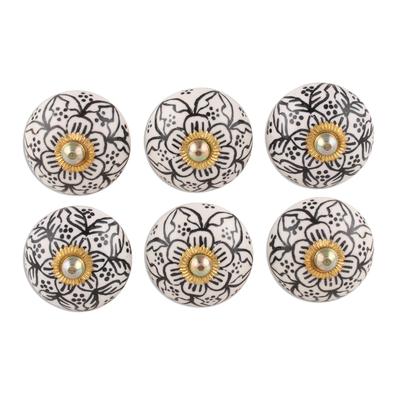 Intricate Blossoms,'Black and White Floral Ceramic Knobs from India (Set of 6)'