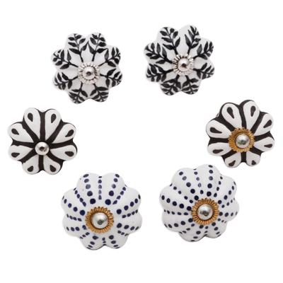 'Floral Ceramic Knobs with Hand-Painted Designs (Set of 6)'