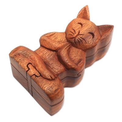 Meditating Cat,'Handmade Suar Wood Cat Puzzle Box from Bali'