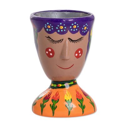 'Whimsical Hand-Painted Purple and Orange Ceramic Flower Pot'