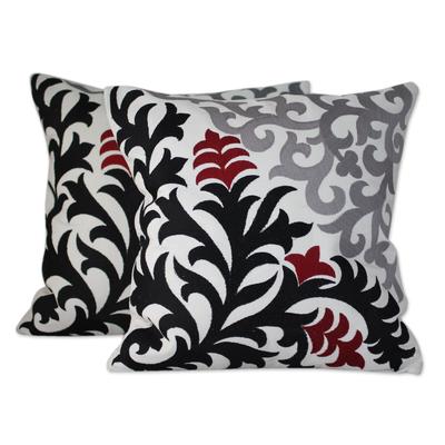 Cotton cushion covers, 'Heliconia Shadow' (pair)