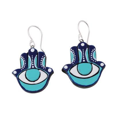 Watchful Hamsa,'Hamsa Eye Ceramic Dangle Earrings from India'