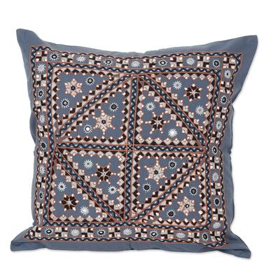 Azure Constellation,'Embroidered Geometric Blue Cotton Cushion Cover from India'