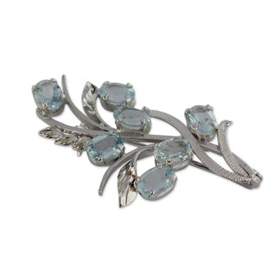 Blue topaz floral brooch pin, 'Blossoming Truth'