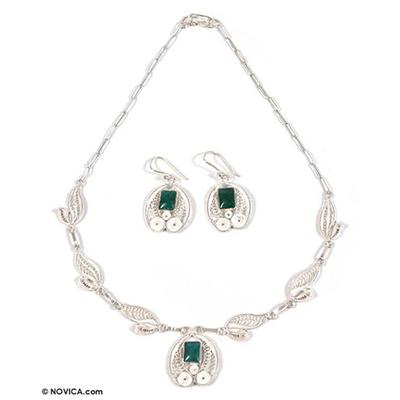 'Leaves' - Chrysocolla Silver Necklace And Earrings Jewelry Set