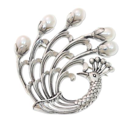 Cultured freshwater pearl brooch pin, 'Resplendent Peacock'