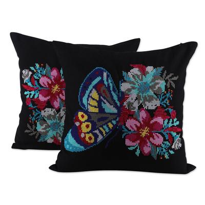 Butterfly Universe in Black,'Embroidered Black Butterfly Cotton Cushion Covers (Pair)'