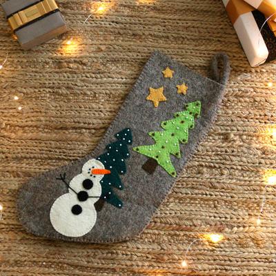Holiday Splendor,'Grey Applique Wool Felt Beaded Snowman Christmas Stocking'