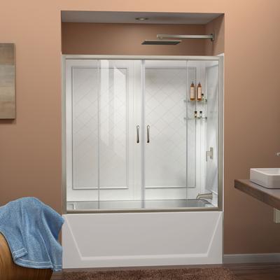 Dreamline Visions 56-60 in. W x 60 in. H Semi-Frameless Sliding Tub Door in Brushed Nickel with White Acrylic Wall Kit DL-6995-04CL