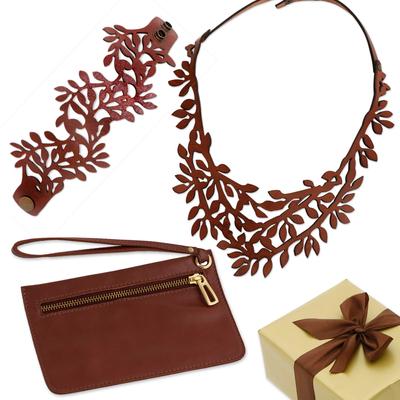 Luxurious Leather,'Brown Leather Necklace Bracelet & Wristlet Curated Gift Set'