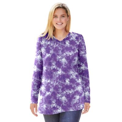 Plus Size Women's Perfect Printed Long-Sleeve V-Neck Tunic by Woman Within in Petal Purple Tie Dye (Size 5X)