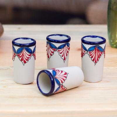 'Set of 4 Handmade Talavera-Style Blue and Red Tequila Cups'