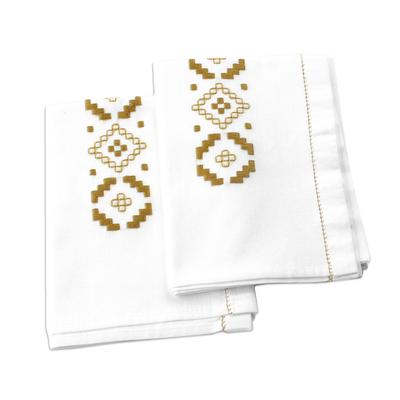 Treasure Diamonds,'Embroidered Golden and White Cotton Tea Towels (Pair)'