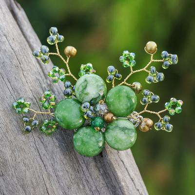 'Flower-Shaped Green Cultured Pearl and Quartz Brooch Pin'