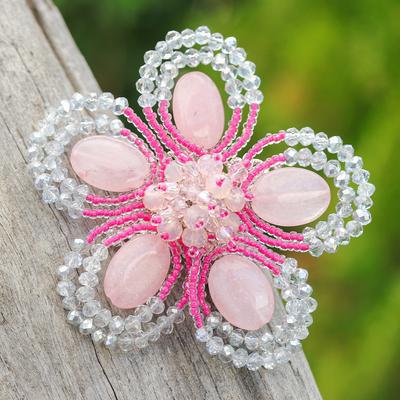 Spring in Tenderness,'Handcrafted Floral Pink Quartz and Glass Beaded Brooch Pin'