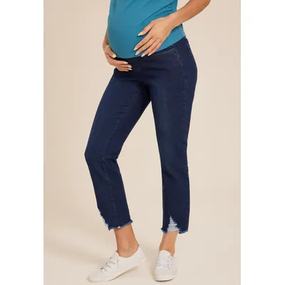 Kancan™ Women's Dark Over The Bump Frayed Hem Maternity Jeans Blue Size 25 - Maurices