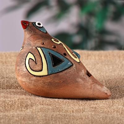 'Hand-Painted Bird-Shaped Ceramic Ocarina in Teal and Yellow'
