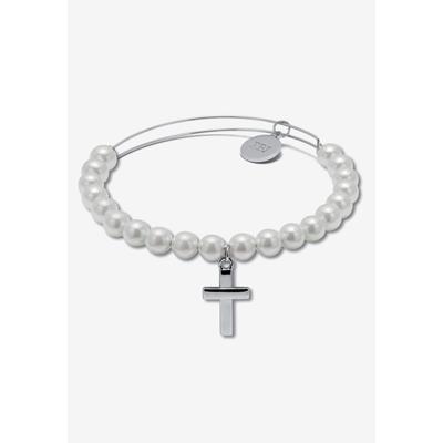 Women's Genuine Cultured Freshwater Pearl Silvertone Cross Charm Bangle, 7.5 Inches by PalmBeach Jewelry in Pearl Silver