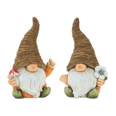 Distressed Garden Gnome Statue With Mushroom And Flower Accent (Set Of 2) by Melrose in Brown
