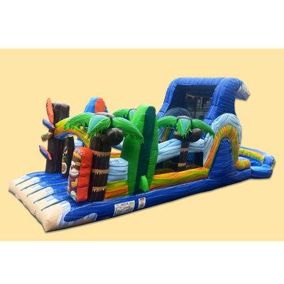 Jingo Jump 9' x 36' Inflatable Obstacle Course w  Water Slide & Air Blower, Nylon in Blue Green Red | 132 H x 102 W x 432 D in | Wayfair HWOB36