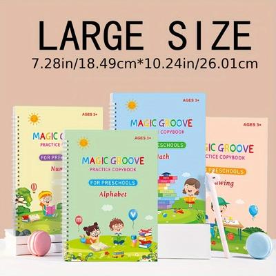 4 Large Reusable Writing Exercise Books, Magic Writing Practice Copy Books, To Help Children Improve Their Handwriting Ink Practice Calligraphy For Children Aged 3-8 (4 Books With Pens)