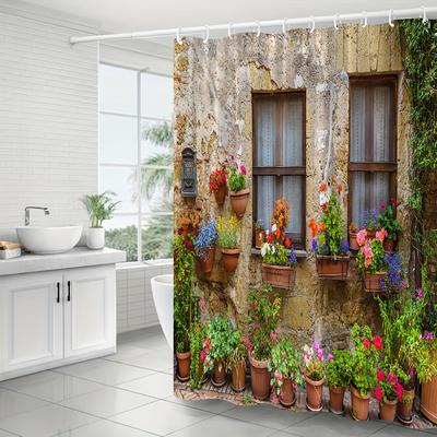 1pc Landscape Shower Curtain, Vintage Building Window Spring Flower Plant Scenery Pattern Bathroom Decor, Polyester Fabric Curtain With Hooks, Machine Washable, Bathroom Accessories