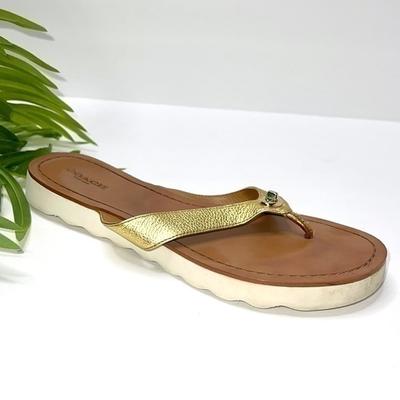 Coach Shoes | Coach Shelly Flip Flops In Gold Metallic Leather Size 8 | Color: Gold | Size: 8