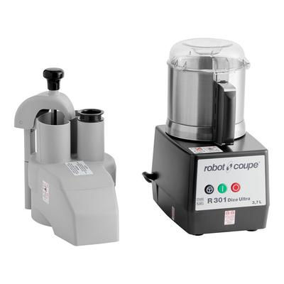 Robot Coupe R301U DICE Combination Food Processor with 3.5 Qt. Stainless Steel Bowl, Continuous Feed & 4 Discs - 2 hp