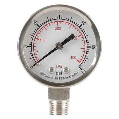 ZORO SELECT 4FMK6 Pressure Gauge, 0 to 60 psi, 1/4 in MNPT, Stainless Steel,