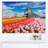 Design Art 'Dutch Windmills & Garden' Photographic Print Multi-Piece Image on Canvas in Blue/Pink/Red | 28 H x 36 W x 1 D in | Wayfair PT15924-3P