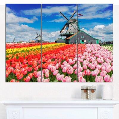 Design Art 'Dutch Windmills & Garden' Photographic Print Multi-Piece Image on Canvas in Blue Pink Red | 28 H x 36 W x 1 D in | Wayfair PT15924-3P