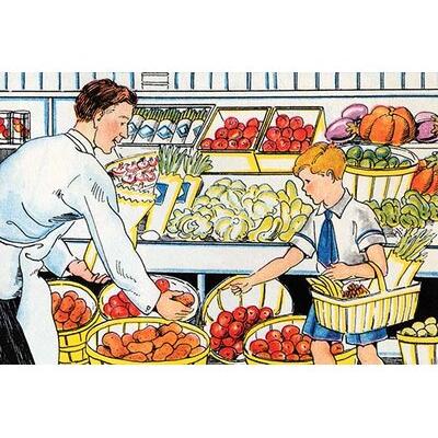 Buyenlarge 'Shopping for Vegetables' by Julia Letheld Hahn Painting Print in Blue/Green/Red, Size 44.0 H x 66.0 W x 1.5 D in | Wayfair