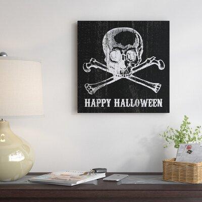 The Holiday Aisle® 'Scull & Crossbones Happy Halloween' Graphic Art Print on Canvas in Black | 31.75 H x 31.75 W x 1.75 D in | Wayfair