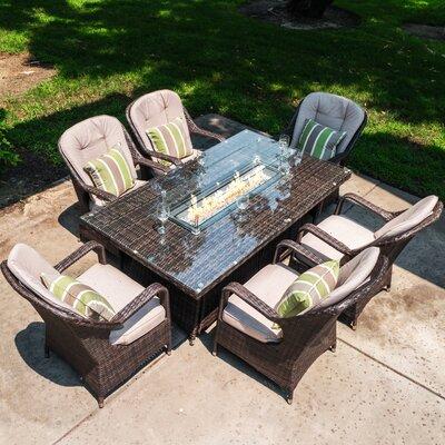 Lark Manor™ Algird 7 Piece Outdoor Dining Set w  Cushions Glass Wicker Rattan Mosaic in Brown | 36.22 H x 70.86 W x 39.37 D in | Wayfair