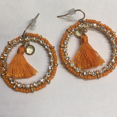 Anthropologie Jewelry | Anthropologie Earrings Hoop Tassel Beaded Orange | Color: Gold/Orange | Size: Os