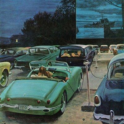 Ebern Designs 'Drive in Movies' Painting Print on Wrapped Canvas in Blue/Green | 48 H x 48 W x 1.5 D in | Wayfair C352F4D5670D4138B570D84E44086050