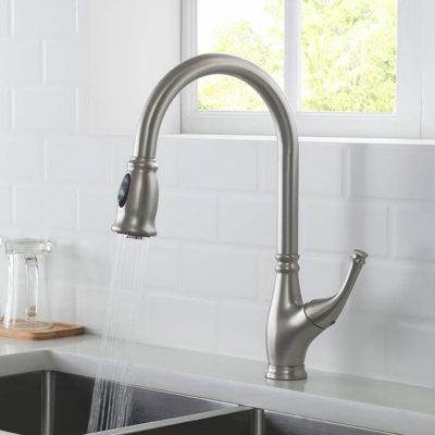 KIBI Summit Pull Down Single Handle Kitchen Faucet w/ Accessories in Gray | Wayfair C-KKF2009BN-KSD101BN