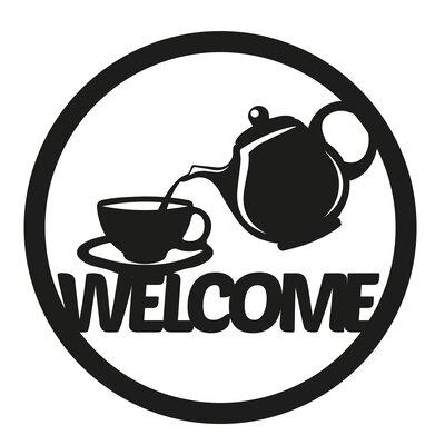 Winston Porter Charlevoix Round Welcome Sign w/ Coffee Tea Pot Laser Cut Solid Steel Wall Sign Hanging Metal in Black | Wayfair