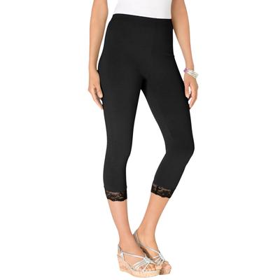 Plus Size Women's Lace-Trim Essential Stretch Capri Legging by Roaman's in Black (Size M) Activewear Workout Yoga Pants