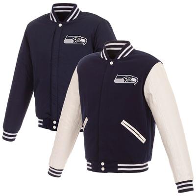 Men's NFL Pro Line by Fanatics Branded Navy/White Seattle Seahawks Reversible Fleece Full-Snap Jacket with Faux Leather Sleeves