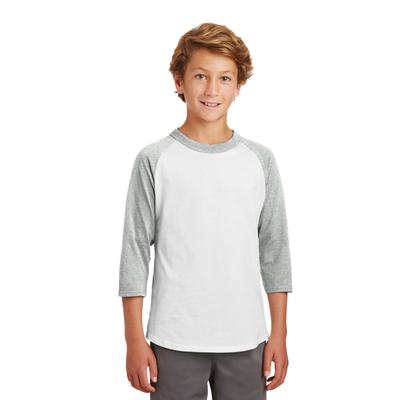 Sport-Tek YT200 Youth Colorblock Raglan Jersey T-Shirt in White/Heather Grey size Small | Cotton