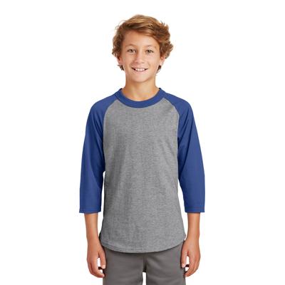 Sport-Tek YT200 Youth Colorblock Raglan Jersey T-Shirt in Heather Gray/Royal size Small | Cotton