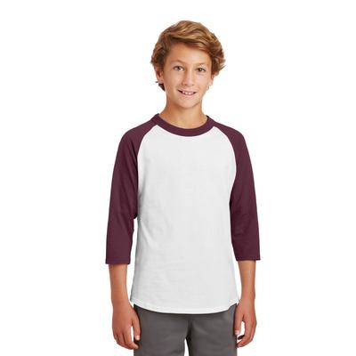 Sport-Tek YT200 Youth Colorblock Raglan Jersey T-Shirt in White/Maroon size Medium | Cotton