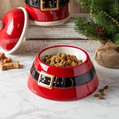 The Holiday Aisle® Sifuentes Santa Belt Pet Bowl Porcelain/Stoneware/Ceramic in Black/Red, Size 4.0 H x 8.0 W x 8.0 D in | Wayfair CAMZ10691