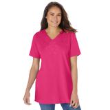 Plus Size Women's Embroidered V-Neck Tee by Woman Within in Raspberry Sorbet Paisley Embroidery (Size 3X)