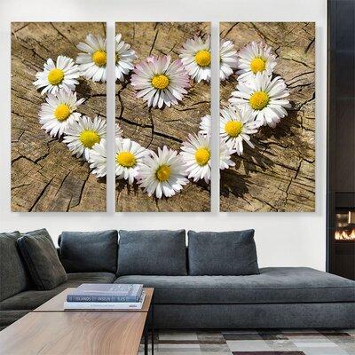ARTCANVAS Daisy Heart Flower Home Decor - 3 Piece Wrapped Canvas Photograph Print Set Canvas, in Brown/White/Yellow | Wayfair OPEPHO135-3L-90x60