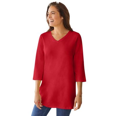 Plus Size Women's Perfect Three-Quarter Sleeve V-Neck Tunic by Woman Within in Classic Red (Size L)