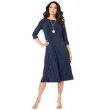 Plus Size Women's Ultrasmooth® Fabric Boatneck Swing Dress by Roaman's in Navy (Size 30/32) Stretch Jersey 3/4 Sleeve Dress