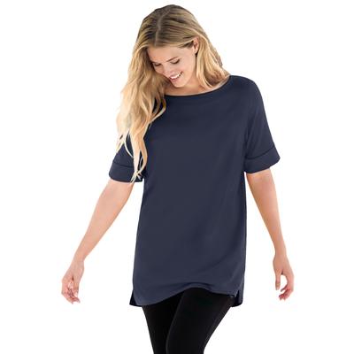 Plus Size Women\'s Perfect Cuffed Elbow-Sleeve Boat-Neck Tee by Woman Within in Navy (Size 1X) Shirt